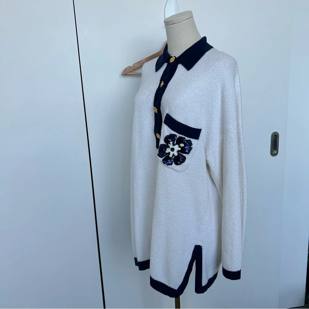 Vintage Escada White & Navy Terry Sequin Collar Button Up Long Sleeve Polo - Picture 3 of 16